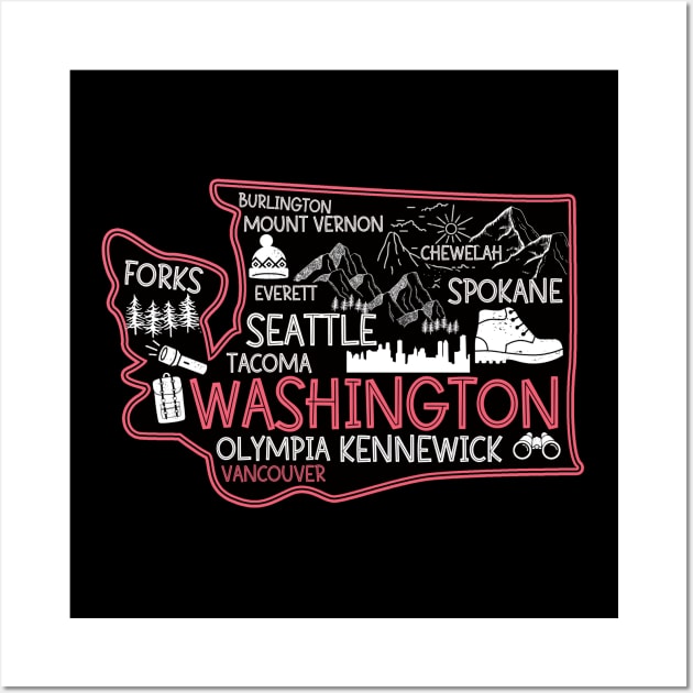 Washington Vancouver cute map Tacoma Forks Spokane Wall Art by BoogieCreates